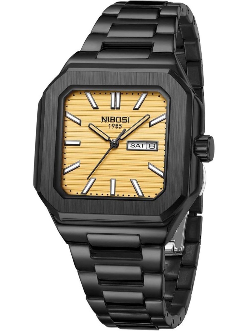 Men's Black Gold Square Analog Quartz Stainless Steel  Waterproof Wrist Watch
